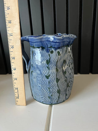Handmade pottery blue ruffle pitcher RSV|113572