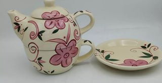 #62 VV Barnes and Noble 4 piece cafe tea for one Stoneware nesting teapot & cup MTS|61149