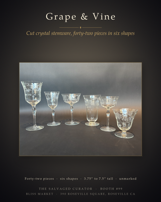 Vintage Mid-Century Cut Crystal Stemware Suite — Grape & Vine, 42 Pieces, Six Shapes