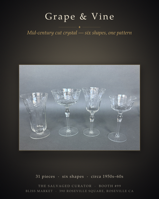 Vintage Mid-Century Cut Crystal Stemware Suite — Grape & Vine, 31 Pieces, Six Shapes