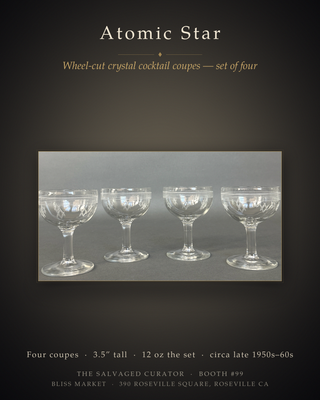 Vintage Atomic Star Cut Crystal Cocktail Coupes — Set of 4, Mid-Century Barware