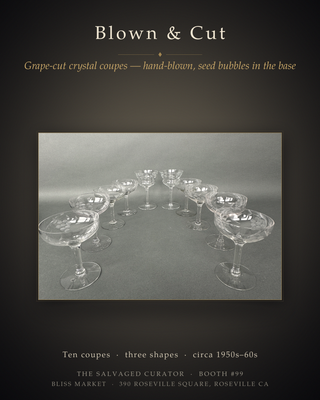 Vintage Hand-Blown Cut Crystal Grape Champagne Coupes — Set of 10, Mid-Century