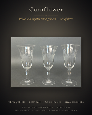 Vintage Cornflower Cut Crystal Wine Goblets — Set of 3, Mid-Century