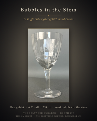 Vintage Hand-Blown Cut Crystal Wine Goblet — Single Glass, Seed Bubbles in the Stem