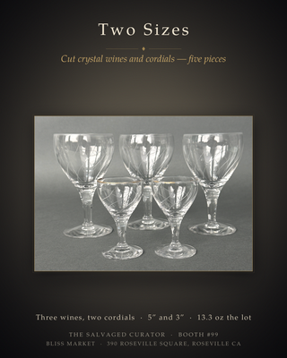Vintage Cut Crystal Wine Goblets & Gold-Rim Cordials — 5 Pieces, Two Sizes, Mid-Century