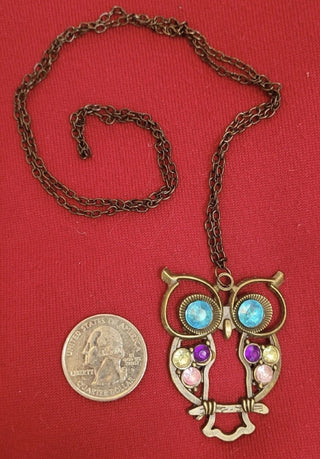 Blue and Pink Rhinestone Owl and Pendant Bronze Tone Necklace #62 VV MTS|117469