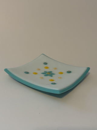 Fused Glass Turquoise/White w/Yellow Flower 4" Square Dish - AnoGlass|72755