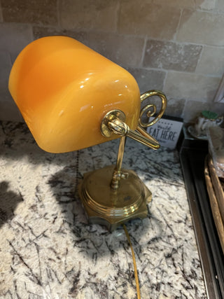 Vintage Brass Banker's Lamp with Amber Shade RCD|117928