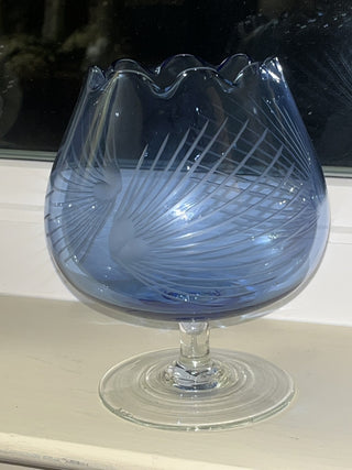 MCM Vtg Etched Pine Needles Blie Glass SNIFTER Vase Rose Bowl WHIMSY w Stem RSV|132811