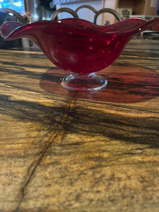 Footed Ruby Red Glass Scalloped Bowl. RSV|125092