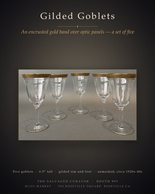 Vintage Gold Encrusted Wine Goblets — Set of 5, Optic Panel Bowls, Gilded Feet