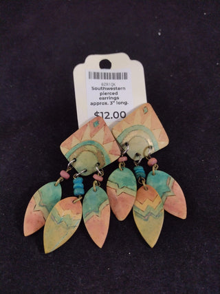 Southwestern pierced earrings approx. 3” long. RCD|74299