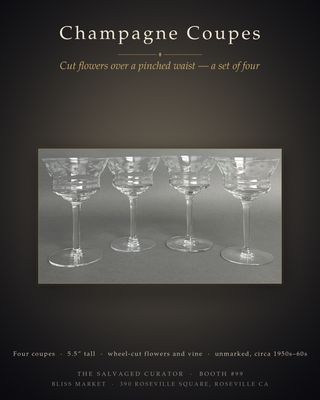 Vintage Cut Floral Champagne Coupes — Set of 4, Pinched Waist Bowl, Mid-Century