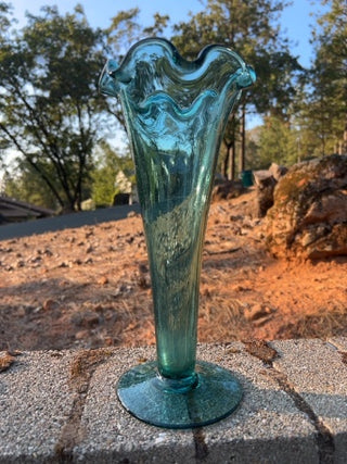 11.5” aqua blue trumpet glass vase