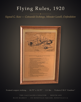 Vintage Aviation Wall Art — First Set of Flying Rules 1920, Copper Etching of the Vickers Gunbus, Signed G. Kew, Cotswold Etchings