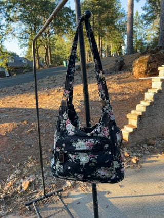 Magnolia floral black denim shoulder bag