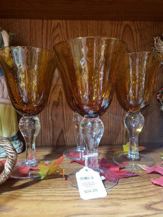 4 Handblown Amber Bubble Goblets -lv