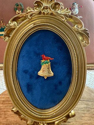 Vintage Enamel Christmas Bell Brooch with Red Cardinal|137856