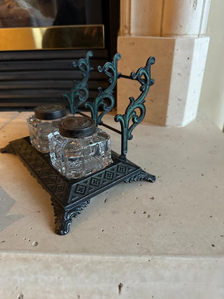 Victorian Ink Well, Cast Iron, etched crystal ink wells w/lids, pen holder (5 pieces) RCD