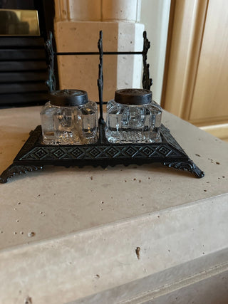 Victorian Ink Well, Cast Iron, etched crystal ink wells w/lids, pen holder (5 pieces) RCD