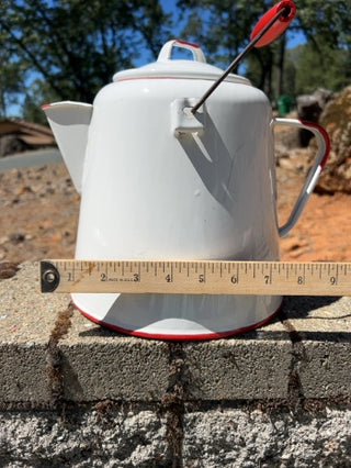 Vintage Extra-Large Enamel Ware Cowboy Coffee Pot Kettle Large Cowboy Camp Fire White Red