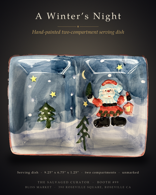 Vintage Ceramic Santa Claus Divided Serving Tray Hand-Painted Cobalt Blue Holiday Candy Dish 🎅🌟 Midnight Christmas Scene