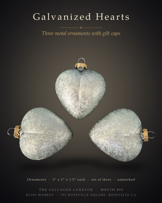 🎄 Vintage Galvanized Aluminum Heart Christmas Ornaments - Set of 3 🎄