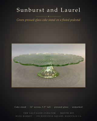 Laurel Leaf Green Cake Stand — 12” Footed Pedestal Salver, Depression-Era Pattern
