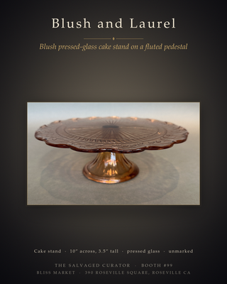 Laurel Leaf Blush Pink Pressed Glass Cake Stand — 10” Footed Pedestal Salver, Stippled Ground