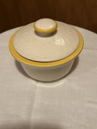 Cream color w/yellow trim covered dish. #SM|49994