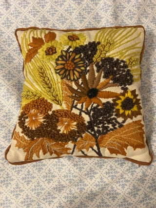 JP AS IS Vintage Erica Wilson Crewel Wheat & Flowers Completed  12” x 12” Pillow No. 7312 1973