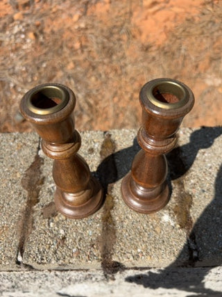 JP pair of vintage turned wood candlestick holders 7.5”