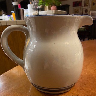Vntge Stoneware Pitcher, Grey w Blue Stripes  RSV