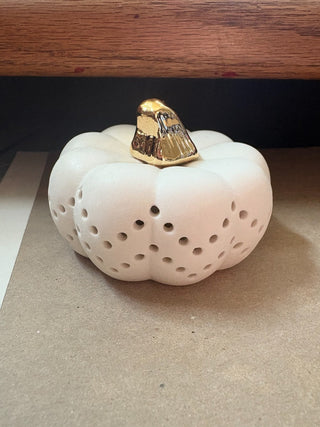Ceramic Battery operated light-up pumpkin w/gold stem