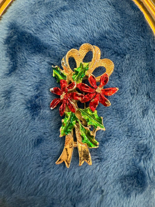 Vintage Gerrys Gold Tone Costume Enameled Poinsettia, Floral Pin 2”x 1.25”