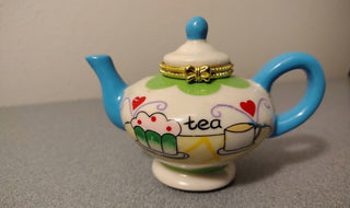 Vintage Porcelain Teapot Blue handle hinged Trinket box #62 VV MTS