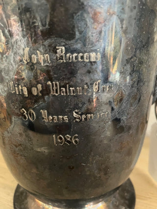 VINTAGE SILVER CHAMPAGNE BUCKET W/ALUMINUM INSERT WONDERFUL PATINA CITY OF WALNUT GROVE 30-YEAR SERVICE AWARD 1986 (KJS) RCD