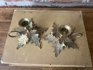 Vintage PAIR Brass Holly Candlestick Holders F&M|89959