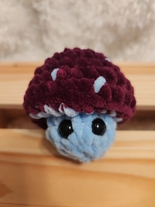 Mushroom Fidget Popper: Crocheted wine red/ light blue