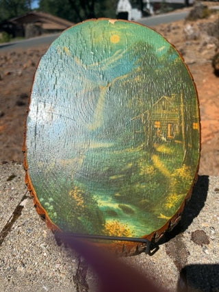 JP vintage decopogde landscape on an oval-shaped wooden tree slab