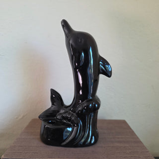 Vtg Glossy Black Ceramic Dolphin