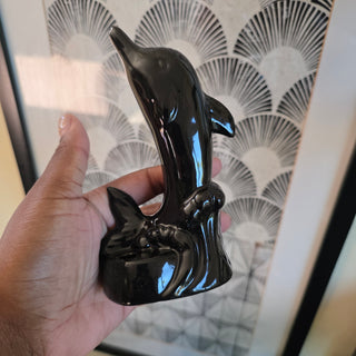 Vtg Glossy Black Ceramic Dolphin
