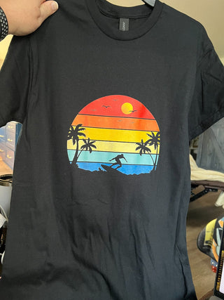 size small, black t-shirt, surf sunset,