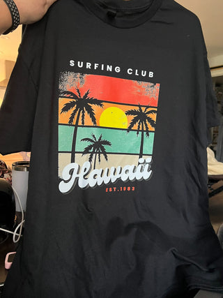 size XL, black t-shirt, Hawaii surf club print.