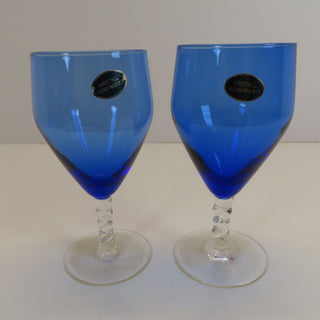 (TWO) Vtg German BLUE Lead Crystal Twisted Stem Wine Glasses|85453