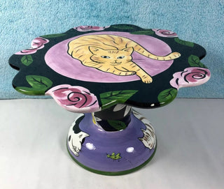 Vintage Rare Groovy Dog & Cat By Chaleur 12" Ceramic Cake stand dessert plate #62 VV MTS