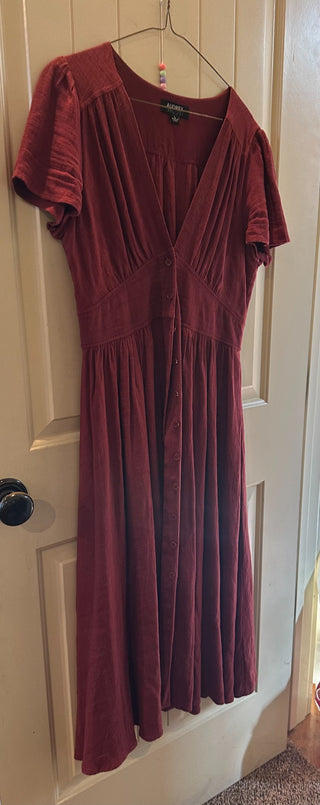 Red Midi Dress w/short sleeves & button down front Size L RCD|81978