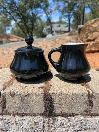 JP Vintage Noritake Folkstone Sugar and Creamer Set Black Stoneware Japan