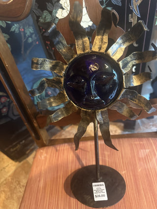 Natural Wonders Cobalt Blue Glass Metal Sun Face 13" Candle Holder#62 VV MTS|95504