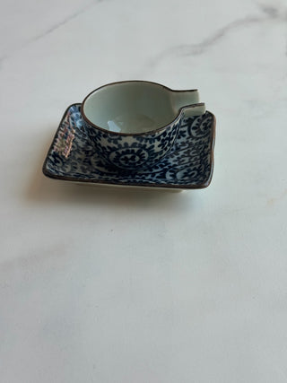 Japanese Porcelain Ceramic Blue Sake Cup and Tray|96481